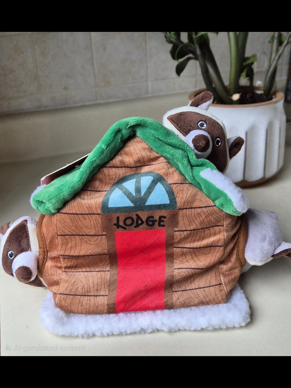 Plush Lodge Dog Crinkle Toy with Three Squeaky Raccoons